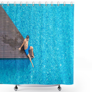 Personality  Men In Swimming Pool , Guy In Blue Swim Short From Above In Swim Pool, Drone View From Above Shower Curtains
