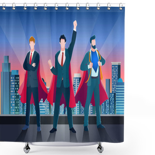 Personality  Businessmen In Red Superhero Cloaks And Suits On Building Roof. Vector Business Metaphor Illustration. Concept Of Success Teamwork, Leadership. Abstract Characters Of Manager Or Team Leader. Shower Curtains