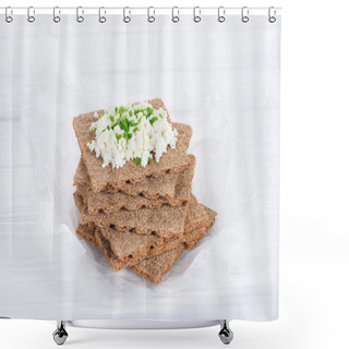Personality  Close-up View Of Tasty Crispy Crackers With Cottage Cheese Shower Curtains