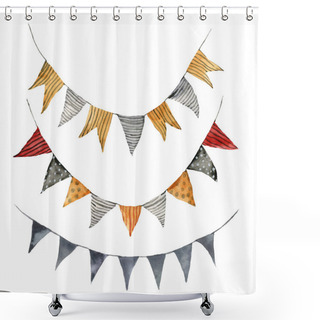 Personality  Watercolor Holiday Set With Flags Garland. Hand Painted Halloween Set With Red, Blue, Orange And Yellow Flags Isolated On White Background. Illustration For Design, Print Or Background. Shower Curtains