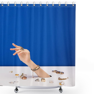 Personality  Cropped View Of Woman With Bracelet On Hand Near Golden Rings Isolated On Blue Shower Curtains