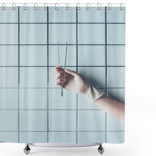 Personality  Cropped Shot Of Doctor In Glove Holding Tweezers In Front Of Tiled White Wall Shower Curtains