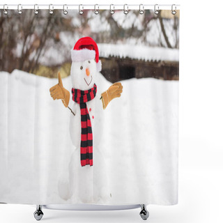 Personality  Cute Snowman Outdoors. Snowman With Hat Scarf And Gloves Snowy Nature Background. Winter Activity. Winter Holidays. Funny Adorable Snowman Cute Grimace. Happy Childhood. First Snow. Weather Forecast Shower Curtains