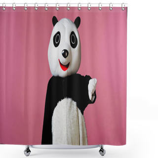 Personality  Person In Panda Bear Costume Showing Dislike Isolated On Pink  Shower Curtains