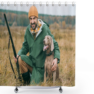 Personality  Man Squatting With Dog And Gun Shower Curtains