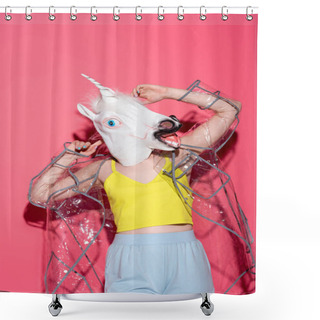 Personality  Ridiculous Woman In Fashionable Transparent Raincoat And Unicorn Mask On Red Shower Curtains