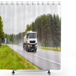 Personality  A Special Vehicle For The Transport Of Explosive Substances Travels Along The Road And Transports Oil Products In Rainy Weather. Concept Of The Industry And Transportation Of Petroleum Products From Producer To Consumer. Headlights Shower Curtains