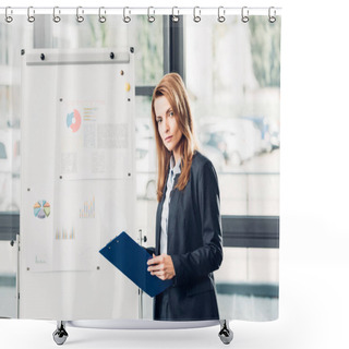 Personality  Female Business Speaker With Notepad Standing At White Board During Lecture In Conference Hall Shower Curtains