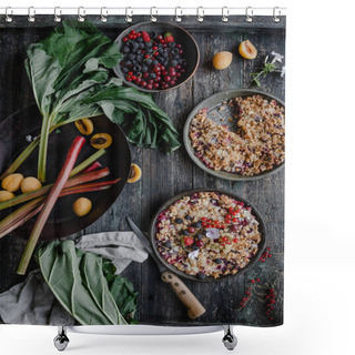 Personality  Elevated View Of Tasty Pies With Berries And Rhubarb On Wooden Table Shower Curtains