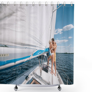 Personality  Distant View Of Young Couple In Swimwear Embracing On Yacht  Shower Curtains