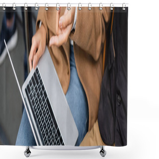 Personality  Cropped View Of African American Woman Pointing With Finger At Laptop Near Man In Subway, Banner Shower Curtains