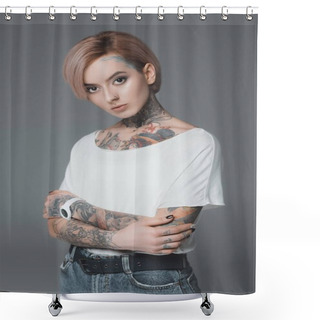 Personality  Portrait Of Beautiful Girl With Tattoos Standing With Crossed Arms And Looking At Camera Isolated On Grey Shower Curtains