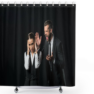 Personality  Angry Boss Yelling At Businesswoman, Isolated On Black Shower Curtains