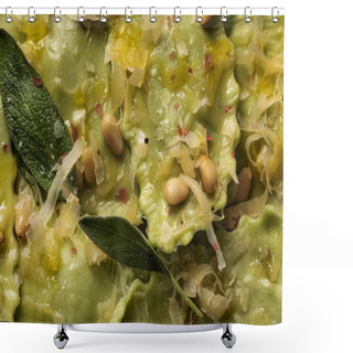Personality  Close Up View Of Green Ravioli With Melted Cheese, Pine Nuts And Green Sage Leaves Shower Curtains