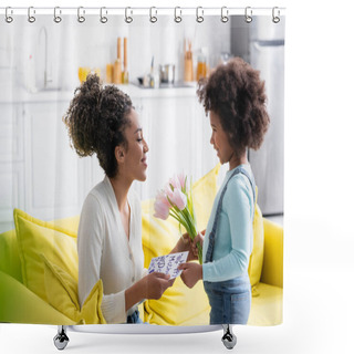 Personality  Smiling African American Child Presenting Tulips And Happy Mother Day Card To Happy Mom Shower Curtains