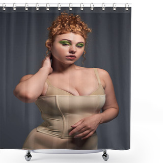 Personality  Charming Redhead And Curvy Woman In Taupe Underwear Touching Neck On And Posing On Dark Grey Shower Curtains