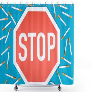 Personality  Studio Shot Of Big Stop Sign With Cigarettes Isolated On Blue, Stop Smoking Concept Shower Curtains