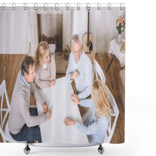 Personality  Overhead View Of Friends Sitting At Table And Speaking At Room Interior  Shower Curtains