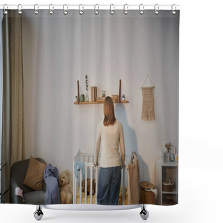 Personality  Back View Of Depressed And Lonely Woman Near Crib With Soft Toys Un Dark Nursery Room At Home Shower Curtains