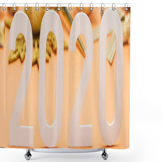 Personality  Selective Focus Of White 2020 Numbers In Front Of Golden Christmas Decoration On Orange Background, Panoramic Shot Shower Curtains