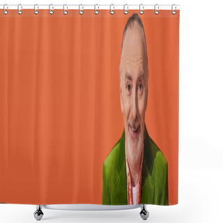 Personality  Portrait Of Trendy And Cheerful Senior Model With Grey Hair And Beard, Wearing Green Velour Blazer And Smiling At Camera On Vibrant Orange Background, Fashion And Age Concept, Banner With Copy Space Shower Curtains