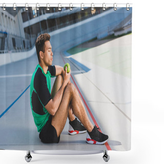 Personality  Side View Of Mixed Race Sportsman Sitting In Relax Manner On Running Track And Looking At Green Apple Shower Curtains