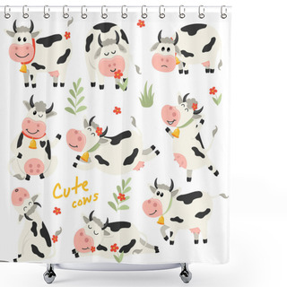 Personality  Set Of Cute Cows Character In Various Positions Shower Curtains