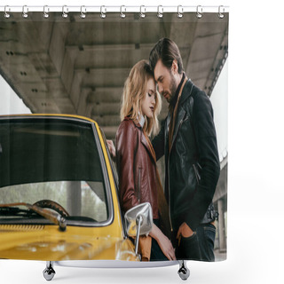 Personality  Side View Of Stylish Young Couple Hugging Near Yellow Retro Car Under Bridge  Shower Curtains