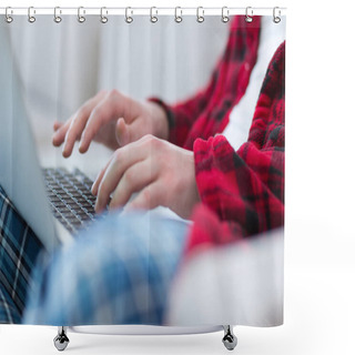 Personality  Freelancer In Bathrobe Working From Home Shower Curtains