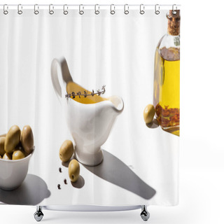 Personality  Olive Oil In Sauce Boat And Bottle Near Green Olives In Bowl And Black Pepper On White Background Shower Curtains