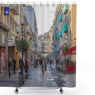 Personality  Nice, France - January 29, 2018: People Walking At Rue Massena Street At Cold Winter Day. Shower Curtains