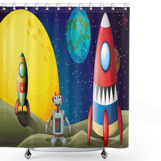 Personality  A Robot Between Two Spaceships At The Outerspace Shower Curtains