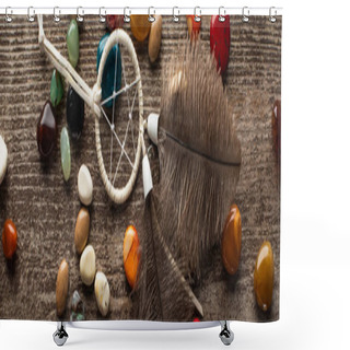 Personality  Top View Of Dreamcatcher With Colorful Fortune Telling Stones On Wooden Background, Panoramic Shot  Shower Curtains