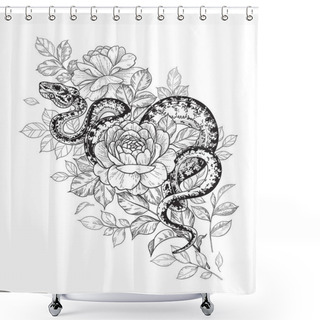 Personality  Hand Drawn Twisted Snake And Roses Isolated On White. Vector Monochrome Serpent And Flowers. Floral Illustration In Vintage Style, T-shirt Design, Tattoo Art, Coloring Page. Shower Curtains