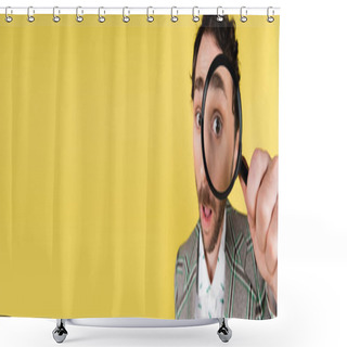 Personality  Wide Angle View Of Trendy Man Looking Through Magnifying Glass Isolated On Yellow, Banner  Shower Curtains