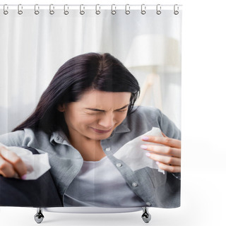 Personality  Selective Focus Of Allergic Woman Sneezing And Holding Tissues  Shower Curtains