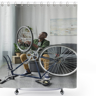 Personality  Afro Man Repairing Bicycle At Home Shower Curtains