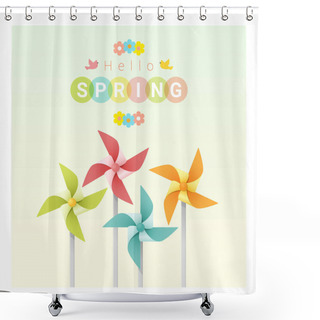 Personality  Hello Spring Background With Colorful Pinwheels , Vector , Illustration Shower Curtains