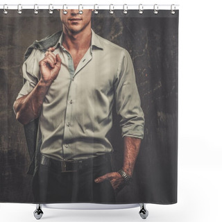 Personality  Handsome Man In Shirt Against Grunge Wall Holding Jacket Over Shoulder  Shower Curtains