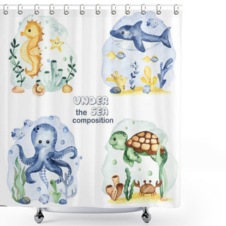 Personality  Octopus, Shark, Sea Turtle, Seahorse, Seaweed. Watercolor Set Of Compositions Shower Curtains