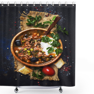 Personality  Russian Meat Solyanka Soup In Wooden Bowl, Top View Shower Curtains