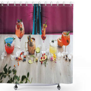 Personality  Variety Of Alcohol Cocktails On Gray Table Shower Curtains