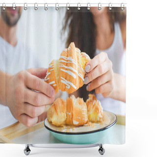 Personality  Close-up View Of Young Couple Sharing Croissant For Breakfast Shower Curtains