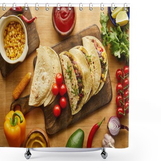 Personality  Top View Of Tacos With Meat And Fresh Ingredients On Wooden Table Shower Curtains