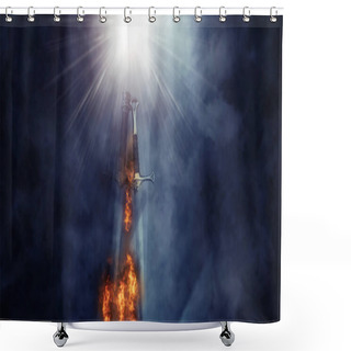 Personality  Mysterious And Magical Photo Of Silver Sword With Fire Flames Over Gothic Black Background. Medieval Period Concept Shower Curtains