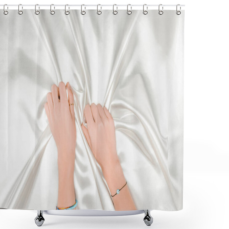 Personality  Top View Of Female Hands Tightly Holding Shiny White Satin Cloth Shower Curtains