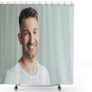 Personality  Handsome Man Smiling While Looking At Camera Isolated On Grey  Shower Curtains