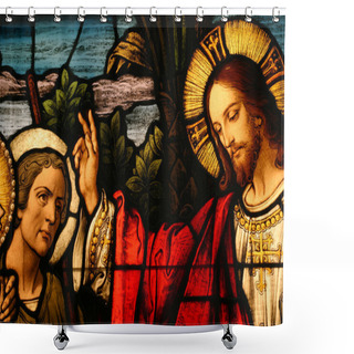Personality  Stained Glass Showing Jesus Blessing A Man Shower Curtains