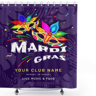 Personality  Mardi Gras Party Template Design With Colorful Party Mask On Abstract Purple Background. Shower Curtains