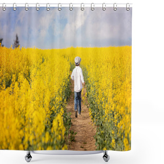Personality  Adorable Little Boy, Running In Yellow Oilseed Rape Field Shower Curtains